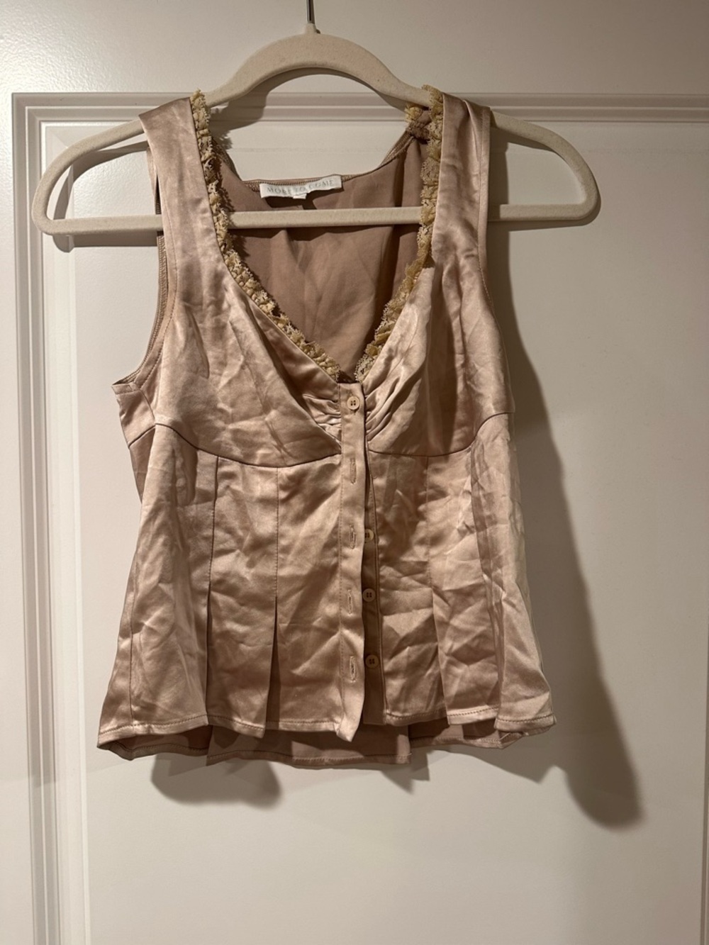 Satin Lace-Trim Button Front Cami Top - Taupe - Picture 2 of 2